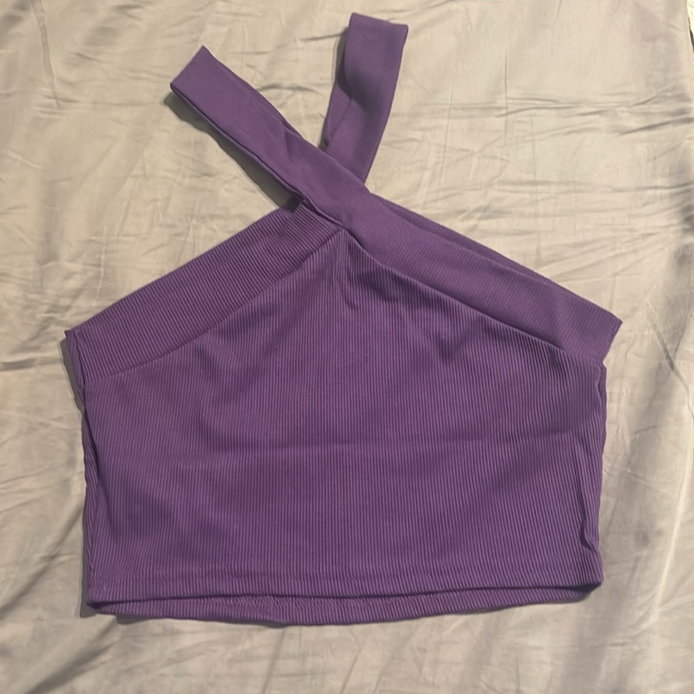 NIB Purple Rib Knit Halter Crop Top - Picture 2 of 3